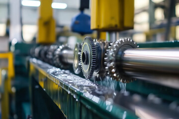Fototapeta premium Industrial machinery and engineering mechanism with gears and cogs at work showcasing precision manufacturing technology