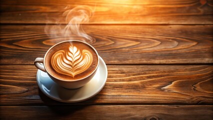Aromatic Coffee with Delicate Latte Art on Rustic Wooden Table