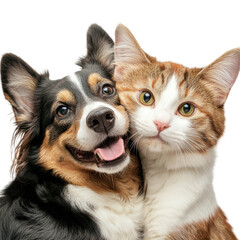 Fototapeta premium Adorable Cat and Playful Dog Engaged in Curious Stare in Cozy Living Room Setting Creating a Heartwarming Scene Together isolated on white background