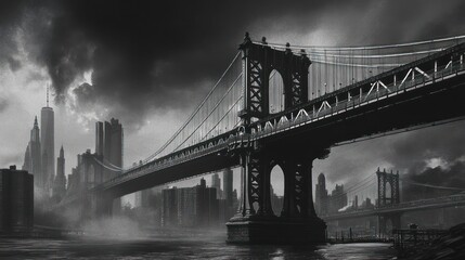 A dramatic black-and-white depiction of the Manhattan Bridge against a moody skyline.