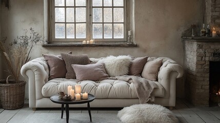 Cozy sofa, candles, rustic room, winter window, home decor