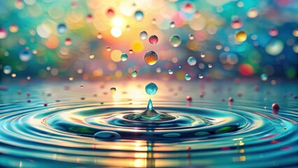 Vibrant Water Droplet Impacting a Calm Surface, Creating Colorful Ripples and a Dreamlike Atmosphere