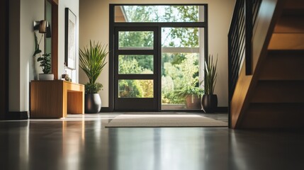 Fototapeta premium Modern Home Entrance: Sunlit Foyer with Glass Door and Wooden Staircase