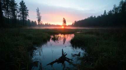 Mist-covered wetland at sunrise, with soft light diffusing through distant trees, reeds, and shallow pools of water in a minimalist layout.