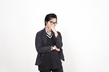 Thinking gesture of Handsome Asian Man Isolated On White Background