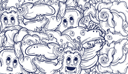 Doodle art pattern design in black and white brush style. It shows odd creatures interacting to give shape to new ones. The seamless design aligns in a mirrored way following two symmetrical axes