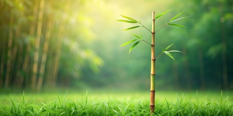 Naklejka premium A Single Bamboo Shoot Emerging in a Verdant Meadow, Backlit by the Soft Glow of Morning Sun
