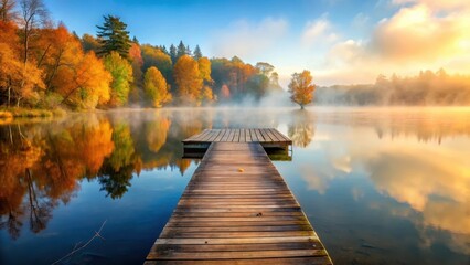 Wooden dock on serene autumn lake with misty fog rising from water surface