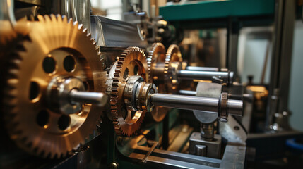 Industrial machinery and engineering mechanism with gears and cogs at work showcasing precision manufacturing technology






