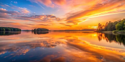 Obraz premium A serene still lake surface reflects a vibrant sunset with warm golden hues and soft pink tones, creating a breathtakingly beautiful scene , outdoor photography, lake scene