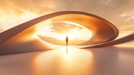 Woman walking towards sunset through abstract archway.