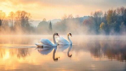 Fototapeta premium Two swans glide effortlessly side by side on a serene lake in the misty morning light with soft focus and pastel hues, gentle couple, misty dawn