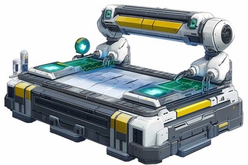 Fototapeta premium Futuristic Medical Exam Table with Robotic Arms and Holographic Display