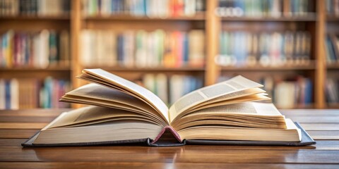 Naklejka premium A stack of two open soft cover books lying side by side on a wooden table with a few pages visible on both books , library
