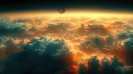 Fototapeta premium Alien planet sunrise, vast cloudscape with moon, aerial view, cosmic background, for sci-fi projects
