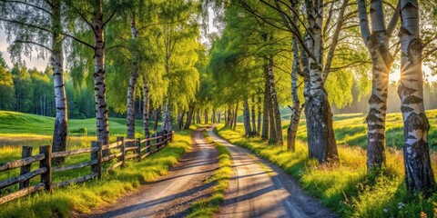 Serene Country Lane at Sunset, Sunlight Filtering Through Birch Trees, Rustic Wooden Fence, Lush Green Meadow