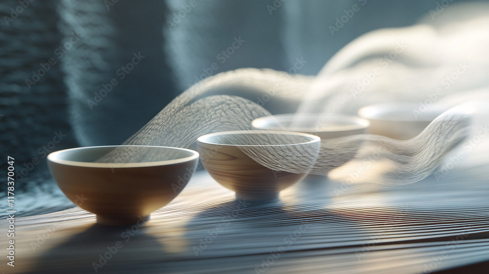 Poster an abstract rendering of a tea ceremony, with flowing steam and intricate patterns rising from delic