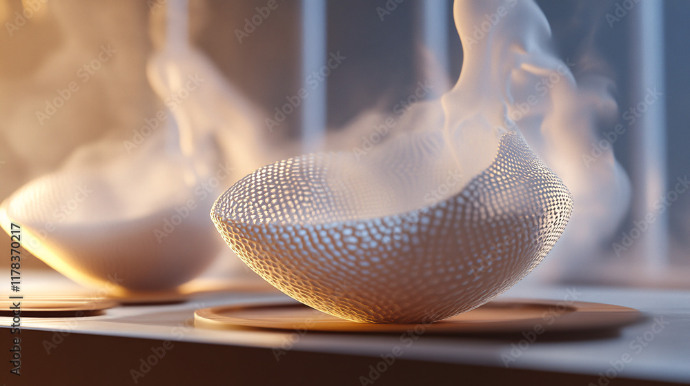 Poster an abstract rendering of a tea ceremony, with flowing steam and intricate patterns rising from delic