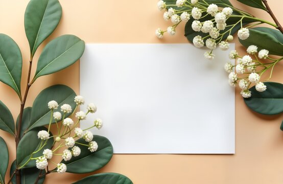 Elegant blank wedding invitation card mockup. Natural eucalyptus, gypsophila flowers frame empty card. Beige background. Versatile design for invitations, stationery, greeting cards. Stylish modern