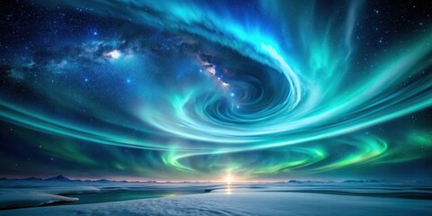 Celestial Vortex A Swirling Aurora Borealis Over a Frozen Landscape at Sunrise