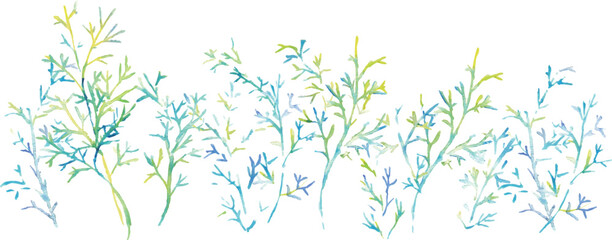 水彩画。水彩タッチのグラデーションカラーの草木イラスト。夏カラーの爽やかな葉っぱと木。Watercolor painting. Watercolor touch gradient color grass and trees illustration. Fresh leaves and trees in summer colors.