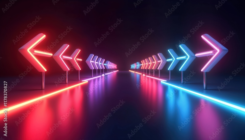 Poster abstract 3d render of futuristic pathway. neon arrows point right. glowing vibrant red pink, blue li