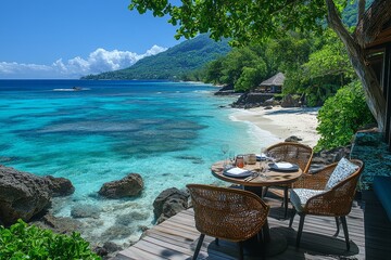 Satori restaurant terrace overlooking the blue sea and tropical beach on Mahé, Seychelles, with table for two and chairs on a wooden deck.