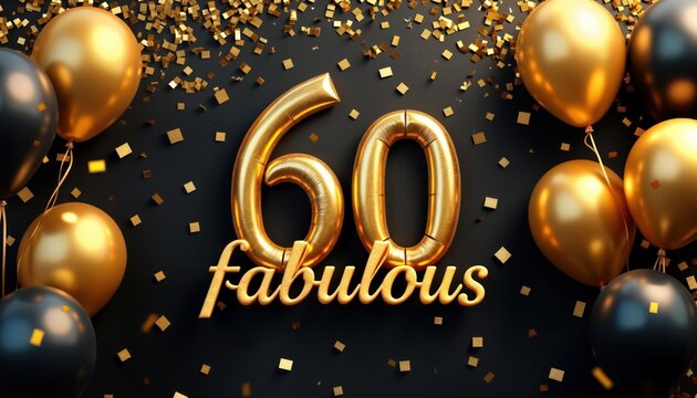 Celebration for a 60th birthday. Gold balloons and confetti decorate a dark background. The words 60 fabulous are highlighted in gold. Party atmosphere. Birthday celebration. Anniversary event.