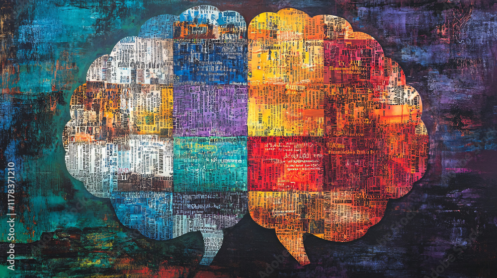 Poster an abstract representation of a brain split into sections, each filled with words and phrases in dif
