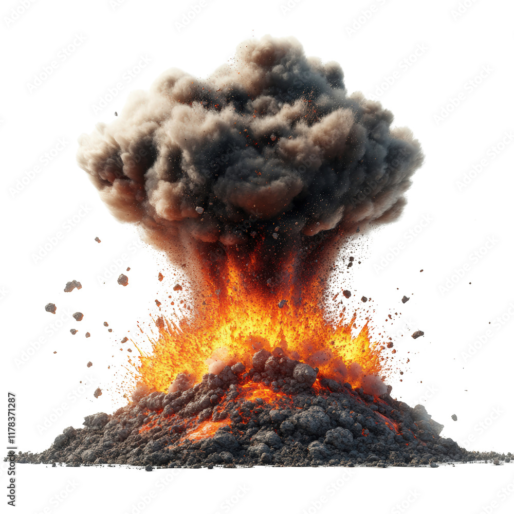 Poster dramatic eruption of black and orange smoke creating a fiery scene with dynamic movement and intense