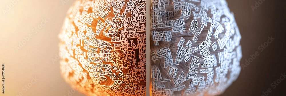 Poster an abstract representation of a brain split into sections, each filled with words and phrases in dif
