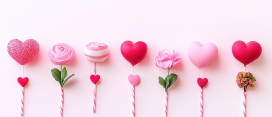 A delightful array of pink and red lollipops adorned with charming hearts and flowers, perfect for celebrating love on Valentine's Day.