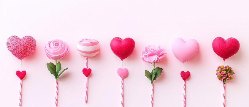 A delightful array of pink and red lollipops adorned with charming hearts and flowers, perfect for celebrating love on Valentine's Day.
