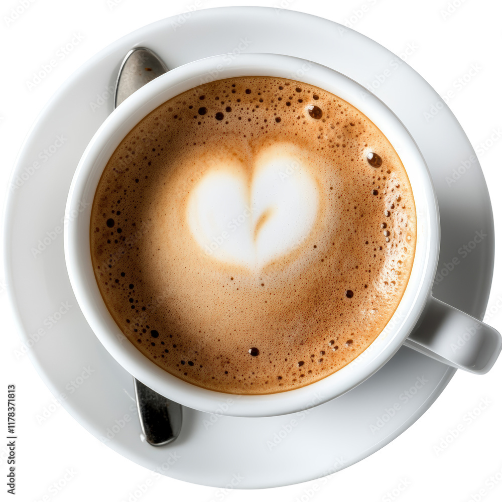 Poster Delicious Cup of Coffee with a Beautiful Heart Design on Foam Creating a Warm and Inviting Atmosphere for Enjoyment isolated on white background