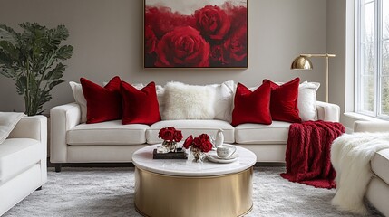 Red roses, plush living room, modern decor, interior design