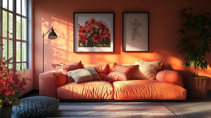 Sunny living room, orange sofa, floral art, window light, interior design