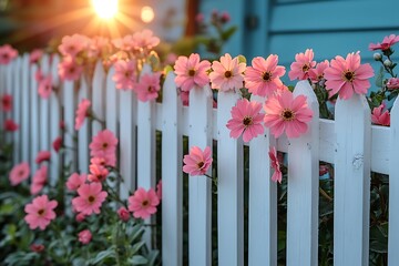 Pink Flowers Bloom Along A White Wooden Fence