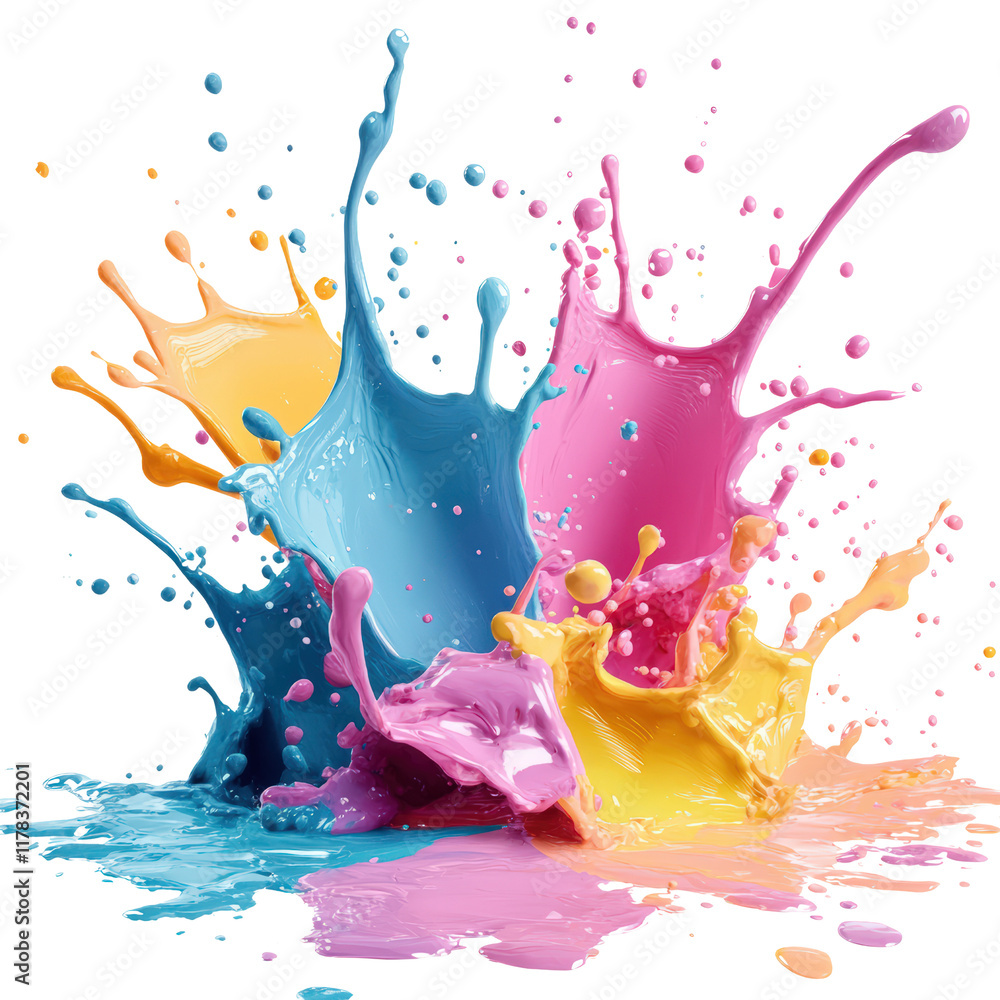 Poster vibrant colorful splashes on bright white background showcasing artistic expression and dynamic flui