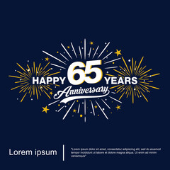 65th years anniversary celebration emblem. Happy anniversary logo with fireworks, sparkle, twinkle and stars. vector illustration template for web, flyers, poster, invitation card, greeting card