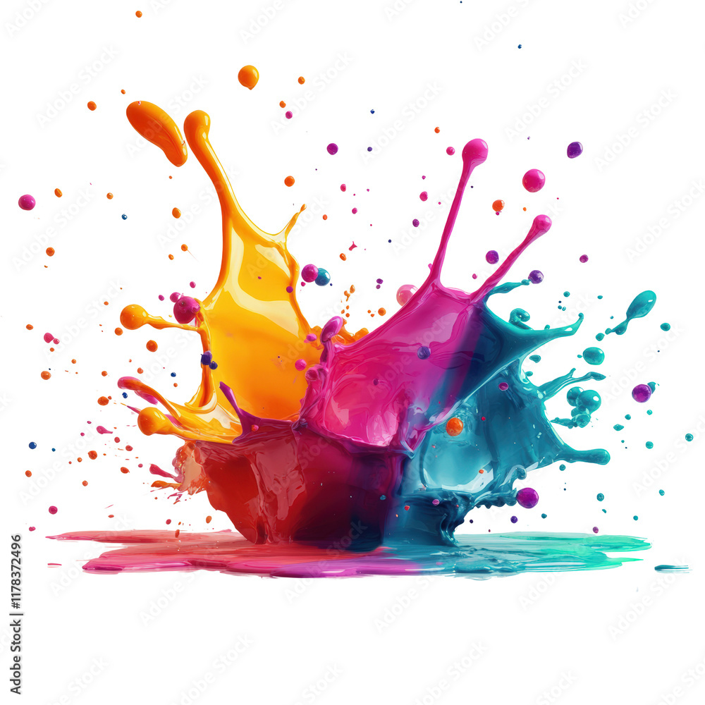Poster vibrant colorful paint splashes creating dynamic abstract patterns on pure white background evoking 