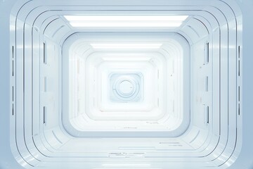 Obraz premium Exploring Futuristic White Corridor: Architectural Design of a Modern Spacecraft Interior with Clean Lines and Bright Lighting, Innovative Technology, Clean and Minimalist Aesthetic