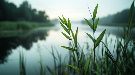 Fototapeta premium Misty wetland scene at dawn, with diffused light over still water, tall grasses creating soft shadows, minimalist focus on nature's subtle beauty.