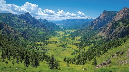 Fototapeta premium A breathtaking valley scene with mountains, lush greenery, and a clear blue sky.