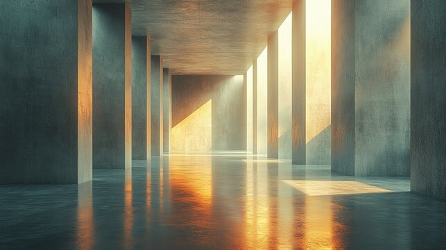 Sunlit Concrete Corridor With Many Pillars - Powered by Adobe