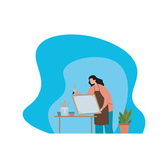 Illustration Of A Girl Painting On Canvas Simple Minimalist Background