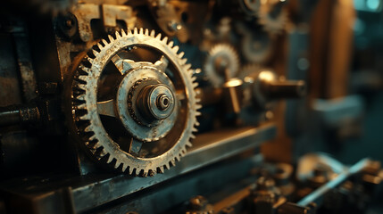 Industrial machinery and engineering mechanism with gears and cogs at work showcasing precision manufacturing technology






