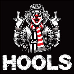Clown illustration vector graphic of Football fans ultras hooligan with red white scarf design for logo, t-shirt, etc