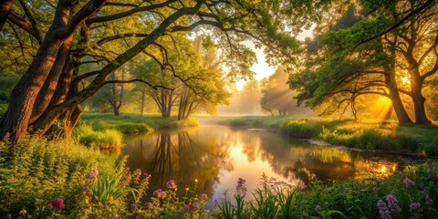 Fototapeta premium Golden Sunrise Illuminates Serene Riverbank Landscape with Majestic Trees and Blooming Wildflowers