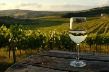 Obraz premium Relaxing Vineyard Sunset: White Wine Enjoyment with Golden Hour Views of Rolling Hills and Lush Grapevines.