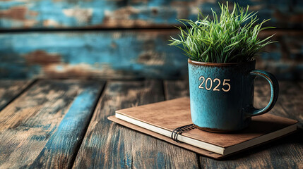 new year resolutions 2025 on desk. 2025 goals list with notebook, coffee cup, plant on wooden table. resolutions, plan, goals, action, checklist, idea concept. new year 2025 template, copy space